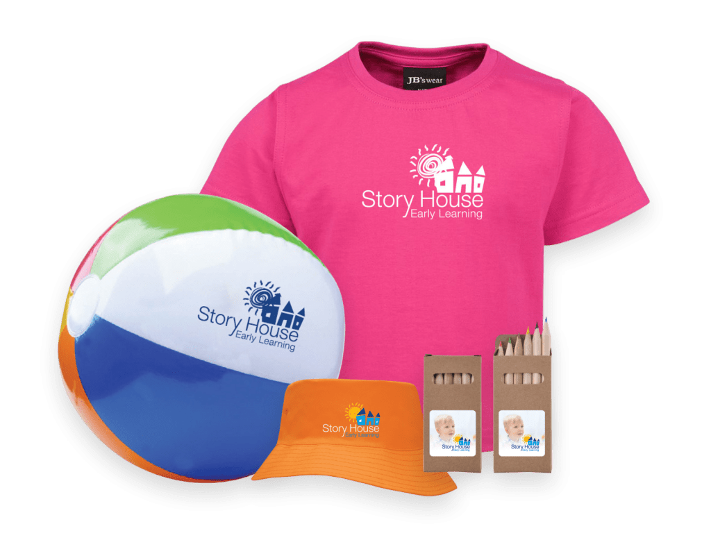 Story House pink shirt, ball, hat, and pencil